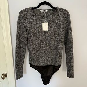 NWT Walter Baker Gray Skylar Tweed Long Sleeve Bodysuit Medium Corporate Chic